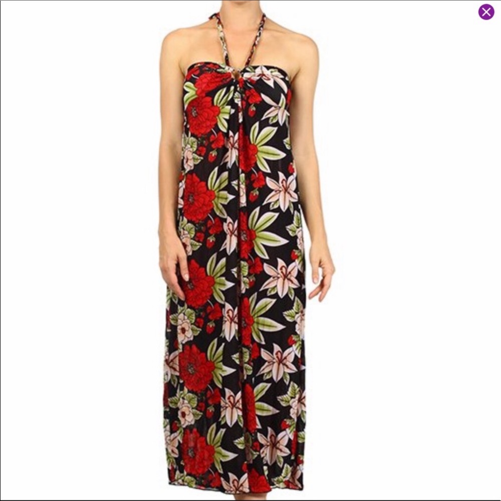 🌺 Red & Black Floral Halter Midi Dress 🌺